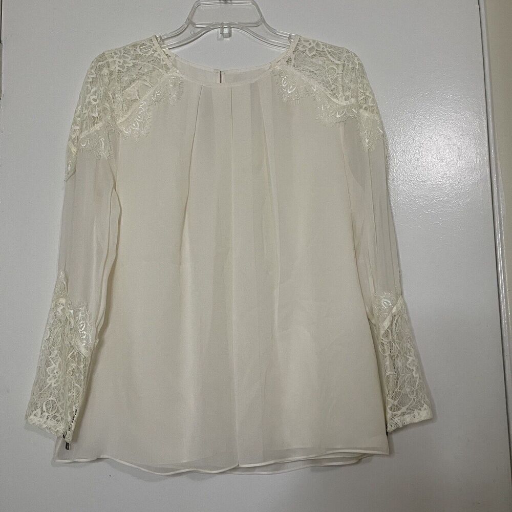 ALICE + OLIVIA IVORY LACE DETAIL LONG SLEEVE SILK BLOUSE TOP SIZE SMALL